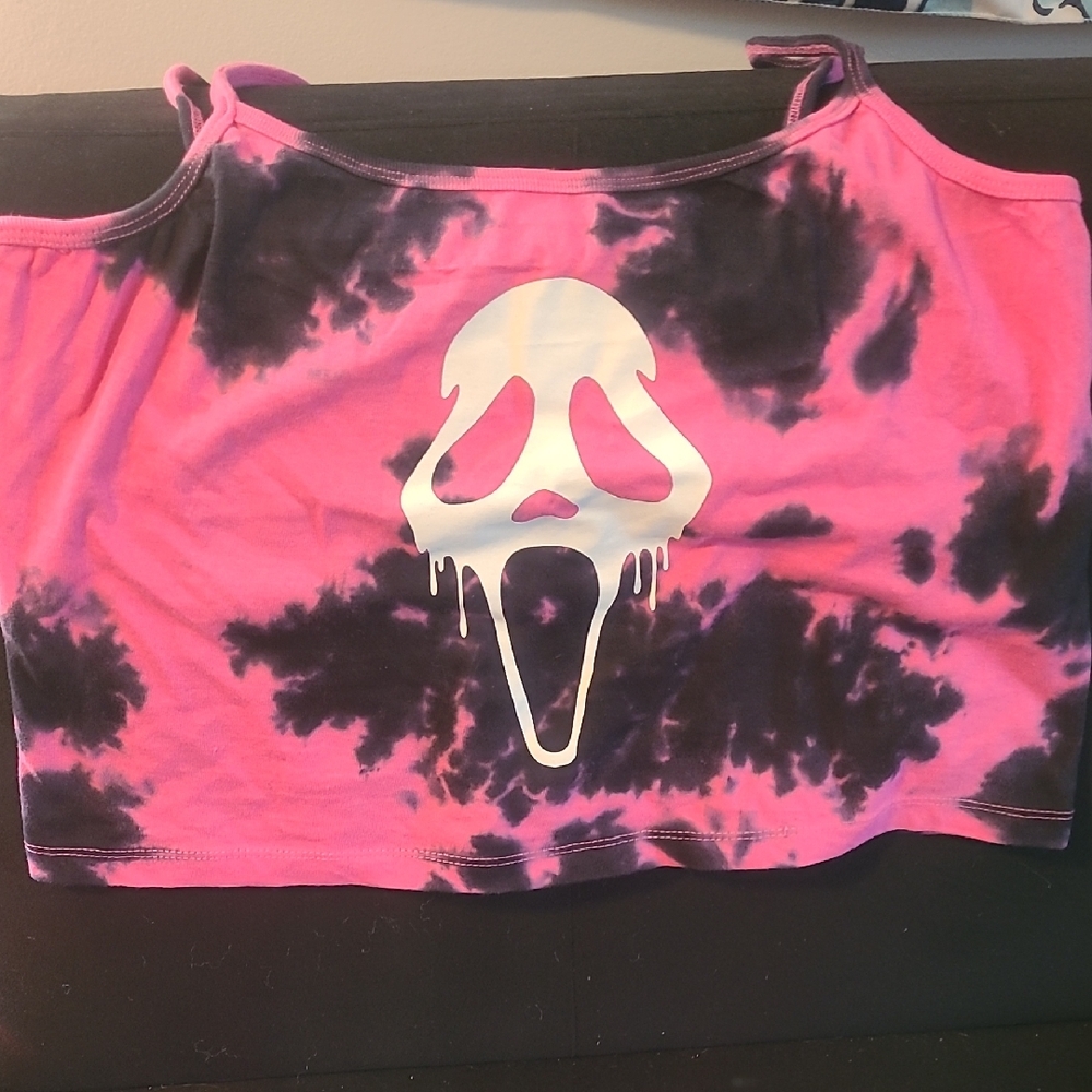 Pink and Black Tie-Dye Crop Top with Scream Graphic